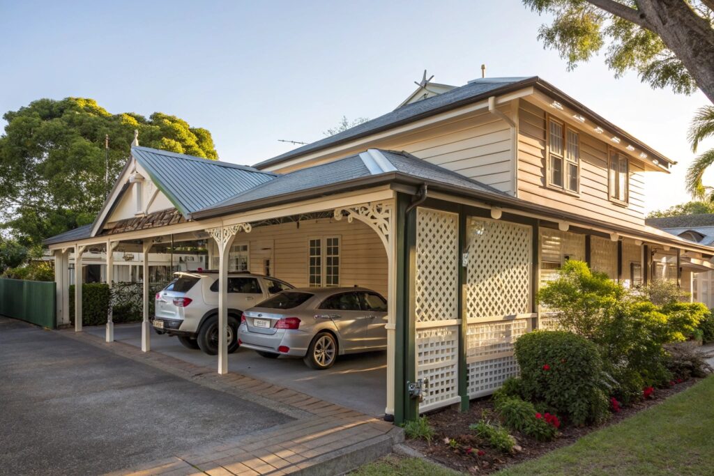 Timber-framed carport attached to a Queenslander home in Gulliver with decorative lattice trim