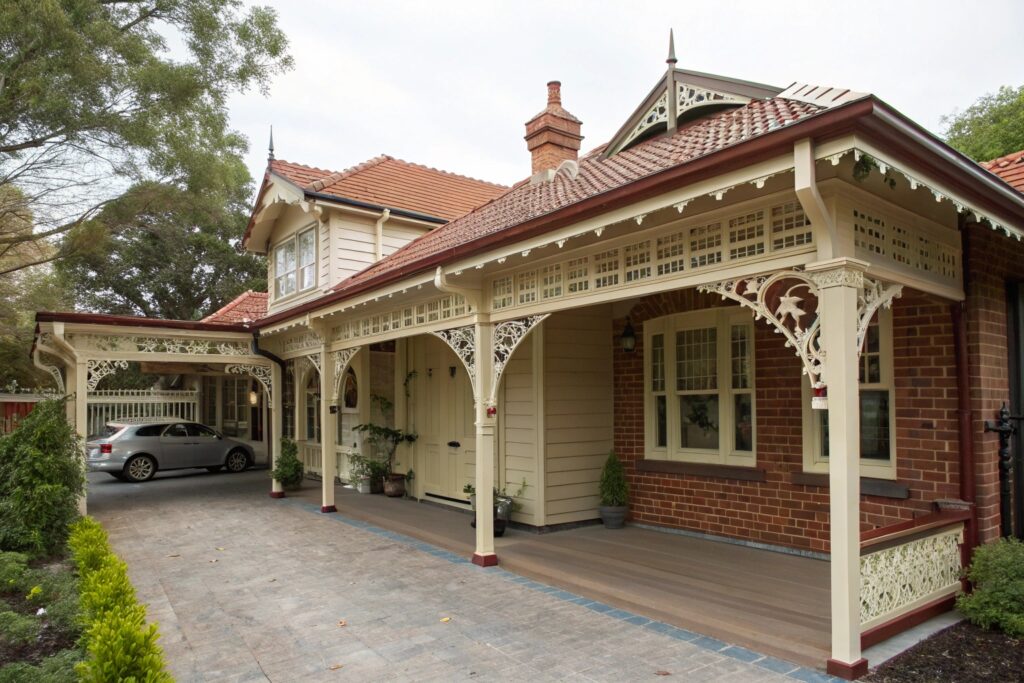 Federation-style carport in Gulliver featuring decorative timber brackets and fretwork detailing