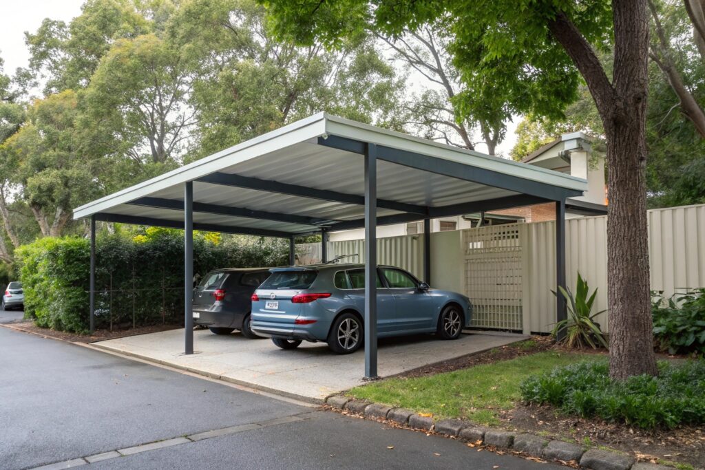 Modern steel-frame carport designed to comply with heritage guidelines on a Gulliver character home