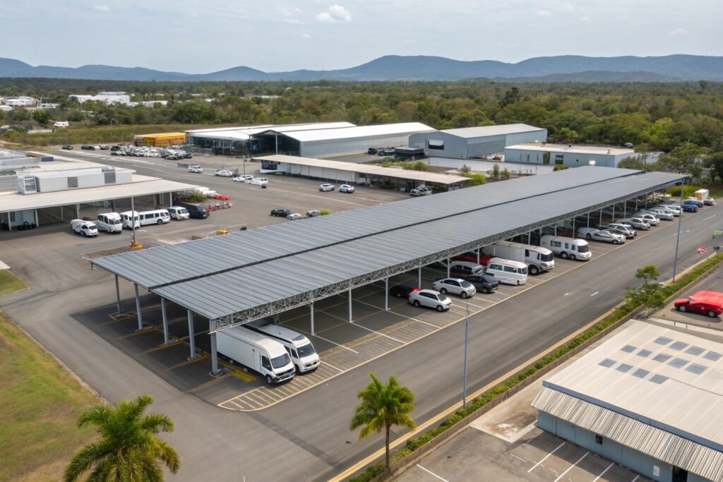 Aerial view of an expansive commercial carport installation at a Garbutt facility