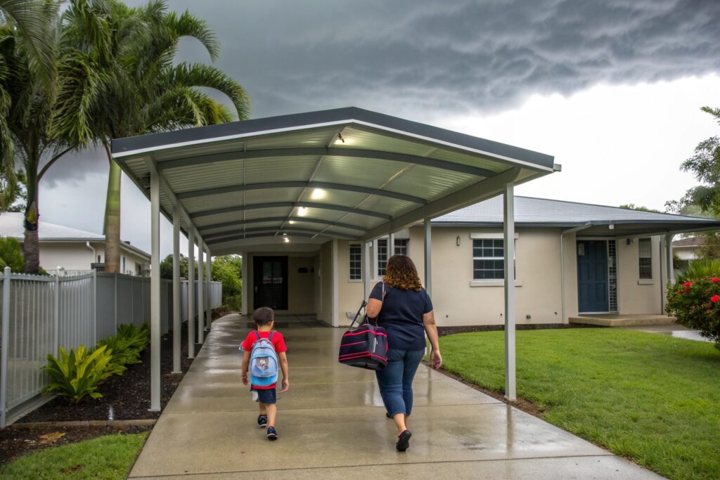 Wulguru carport with a covered walkway to the front door, a mother and child walking safely