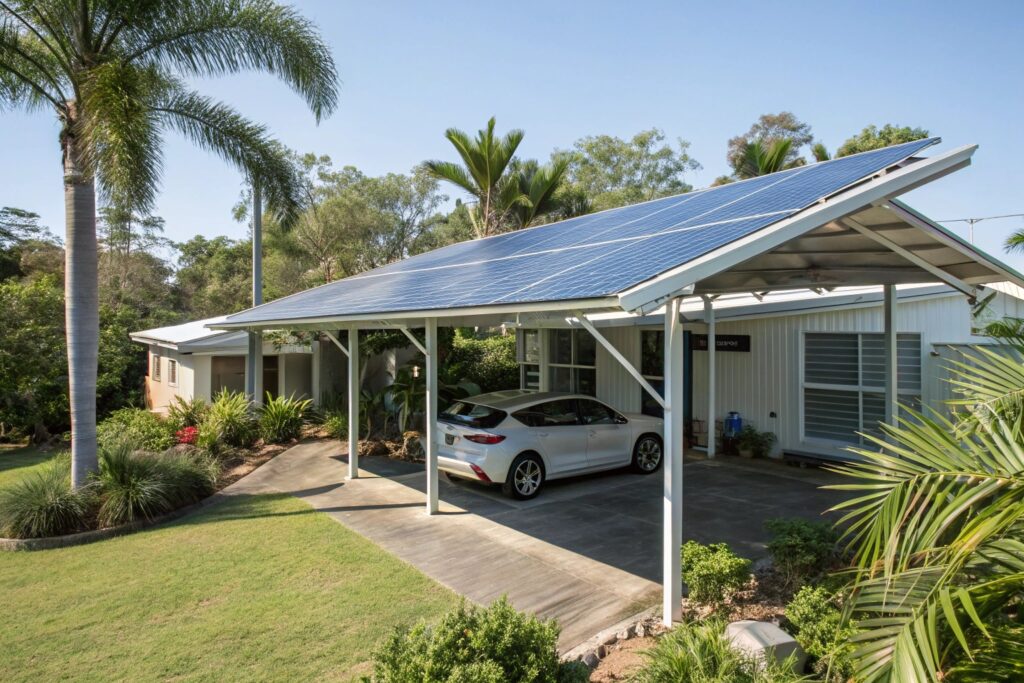 Douglas carport with solar panels integrated into its roof structure