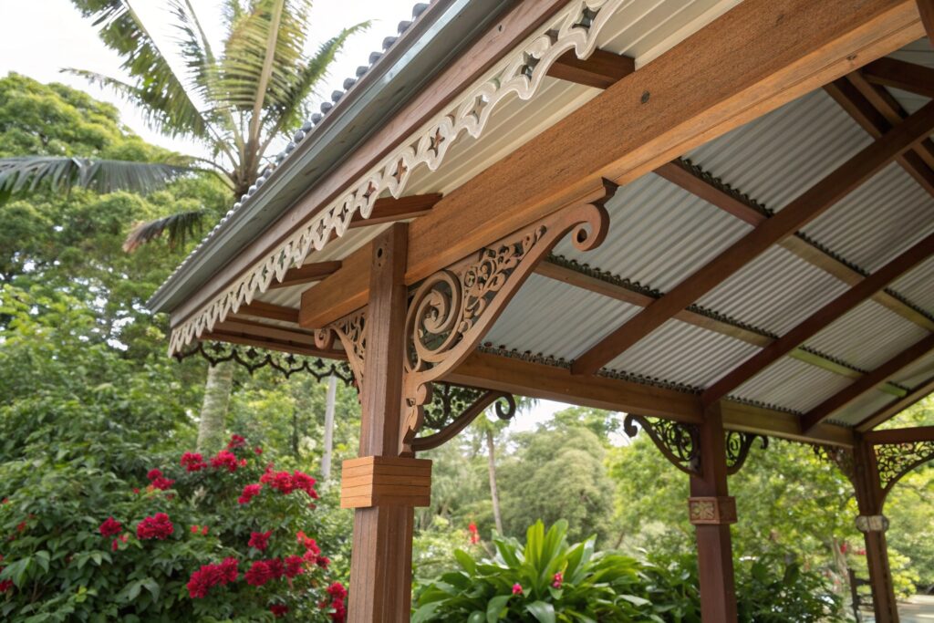 Close-up of traditional timber joinery on a heritage carport build in Hyde Park
