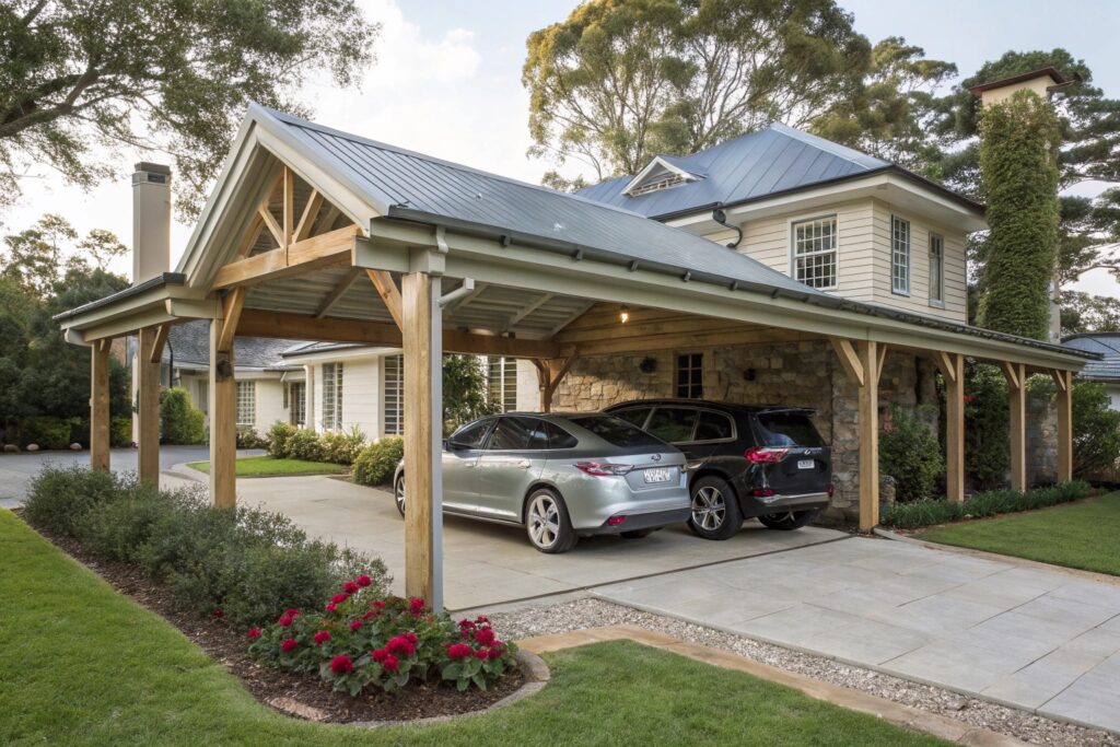 Contemporary carport with clean timber posts on a Hyde Park colonial-style home