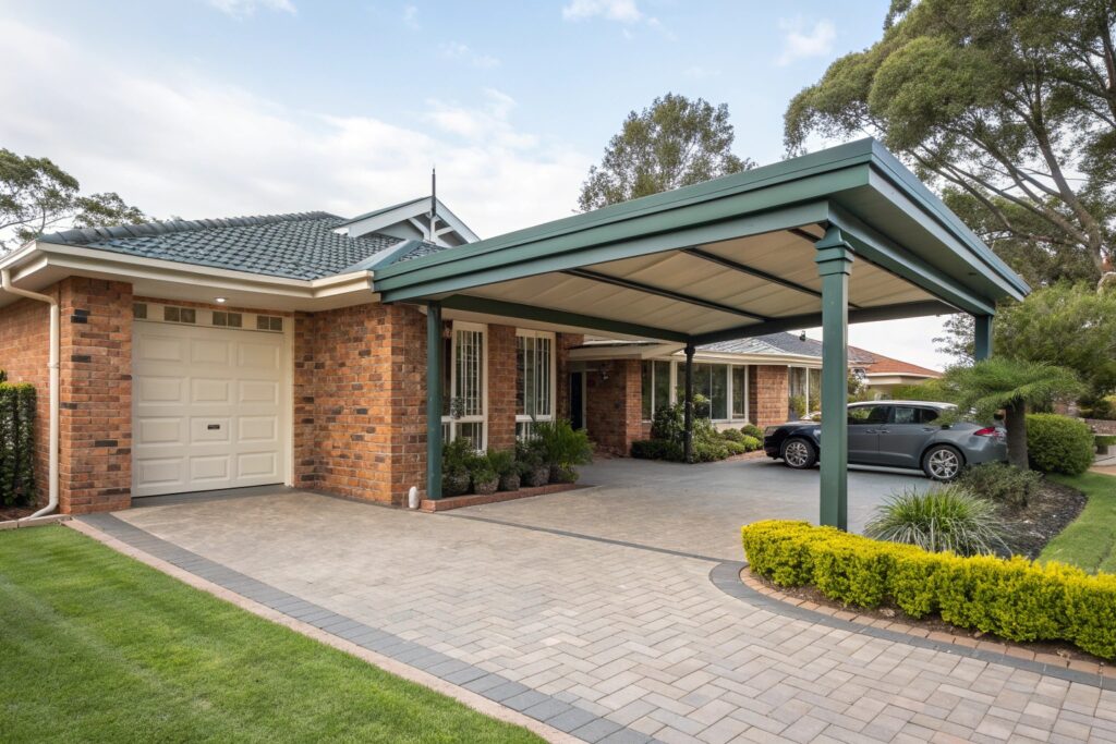 Custom carport matched in colour and trim to an Annandale brick home's exterior