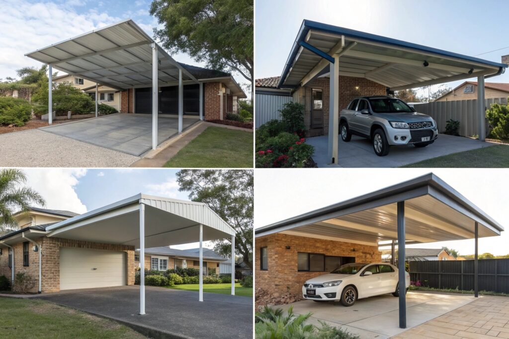 Collage of modern carport design and Colorbond colour options offered in Kirwan