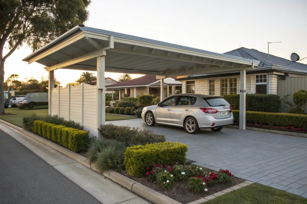 Single carport with integrated storage area at a residential property in Heatley