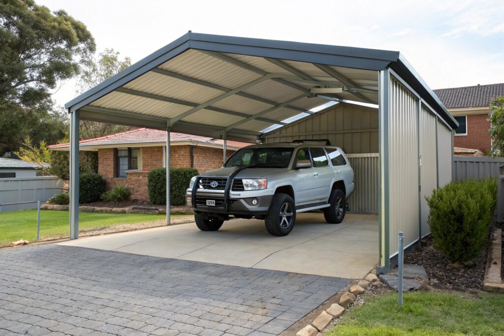 Extra-height galvanised steel carport in Rasmussen sheltering a lifted 4WD truck