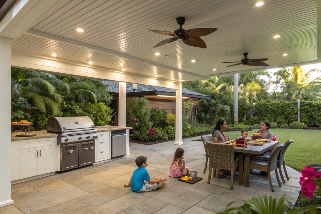 Family enjoying an outdoor BBQ under a Rasmussen carport's integrated entertainment area