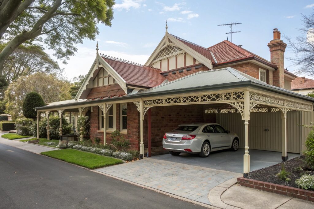 Federation-style carport with decorative gable detailing on a Hyde Park heritage home