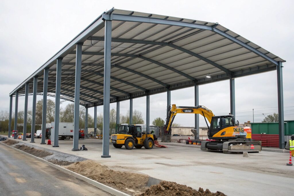 Heavy-duty carport sheltering construction machinery at a Garbutt industrial site