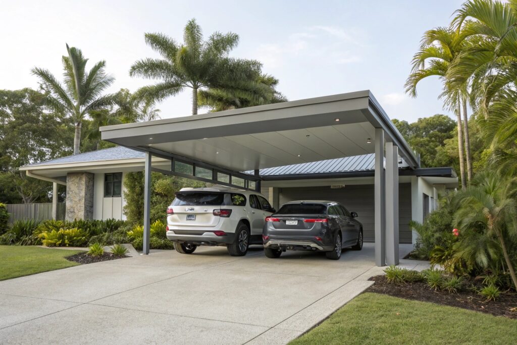 Large double carport sheltering two vehicles at a new Douglas estate home