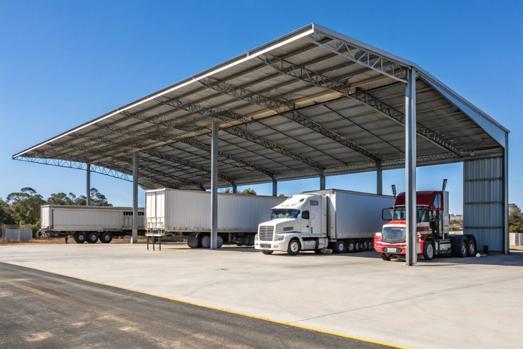 Large industrial carport in Garbutt sheltering multiple fleet vehicles and semi-trailers