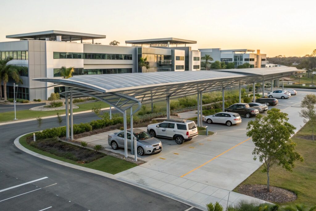 Large multi-bay commercial carport providing vehicle parking at a Mount Louisa business park