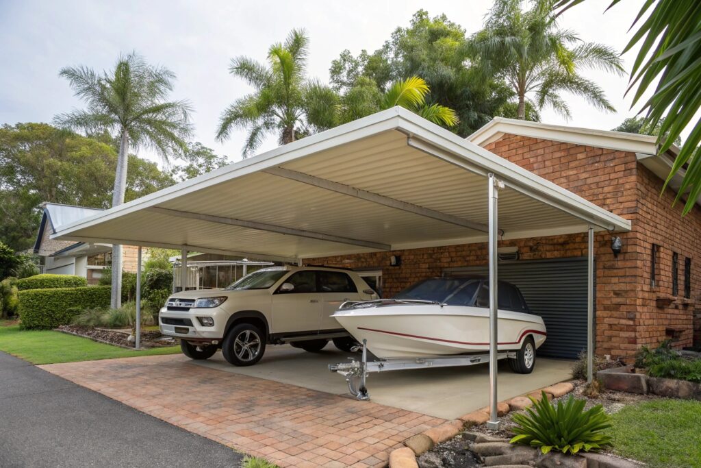 Triple carport in Annandale sheltering two cars and a boat on a trailer