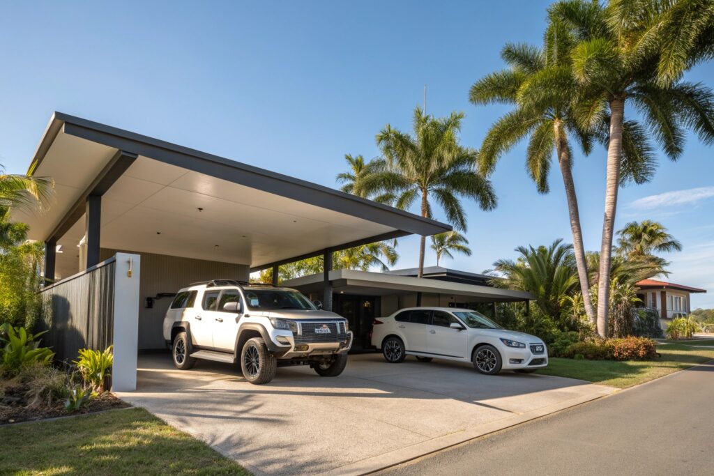 Modern double carport attached to a contemporary Rasmussen home, sheltering a 4WD and sedan
