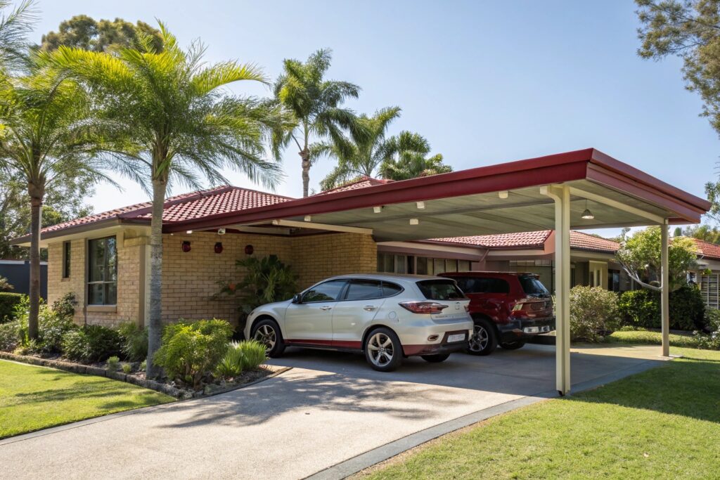 Modern double carport attached to an Australian brick home in Wulguru, sheltering two cars