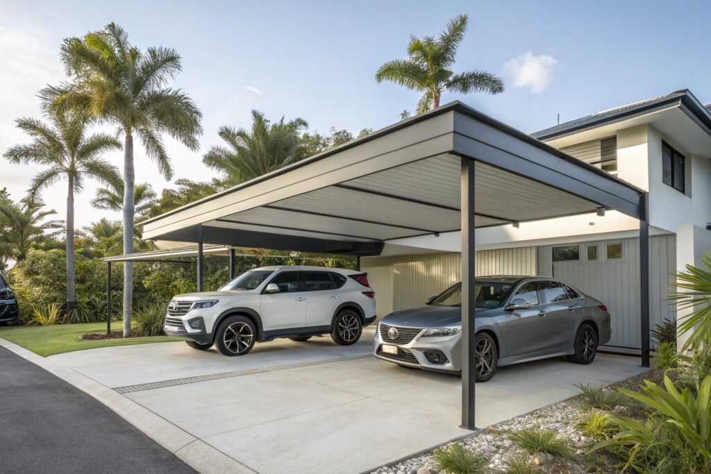 Modern double carport attached to a contemporary Aitkenvale home, shading two parked vehicles