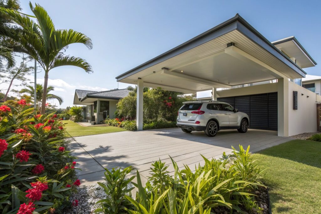 Modern double carport with an attached entertainment area at a Condon estate home