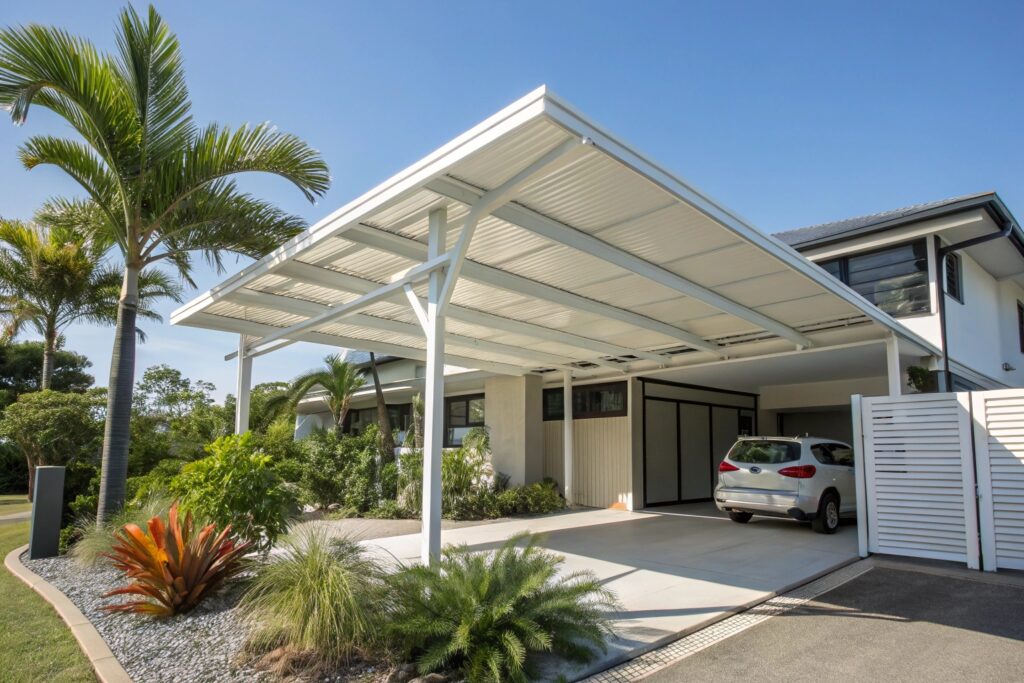 White steel-frame double carport installed at a residential home in Heatley