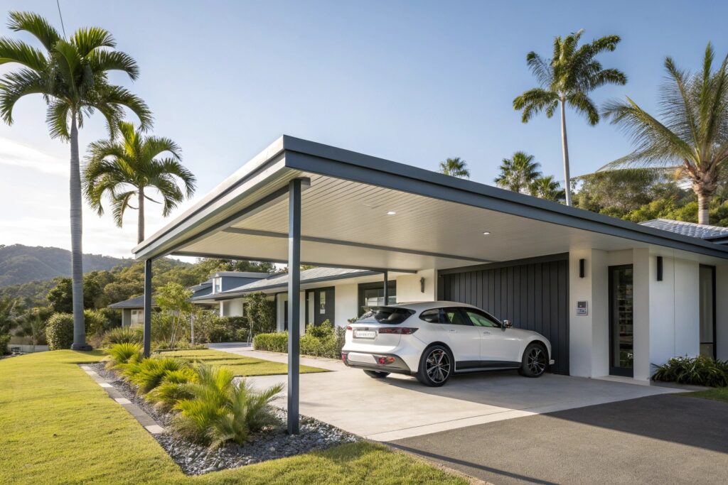 Modern flat-roof carport attached to a contemporary home in Kirwan