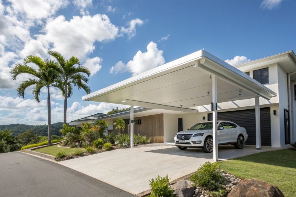 Modern flat-roof carport attached to a contemporary new home in Douglas
