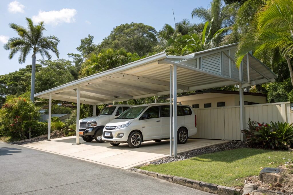 Multi-bay carport sheltering both family and work vehicles in Heatley