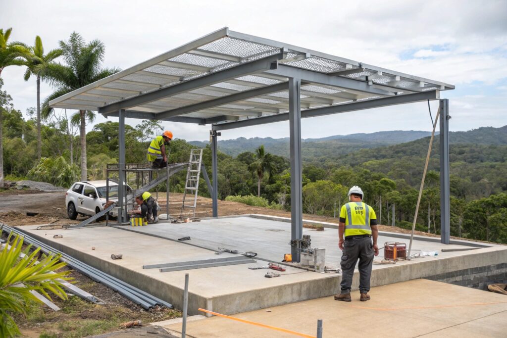 Carport installation in progress, showing steel frame construction in Mount Louisa