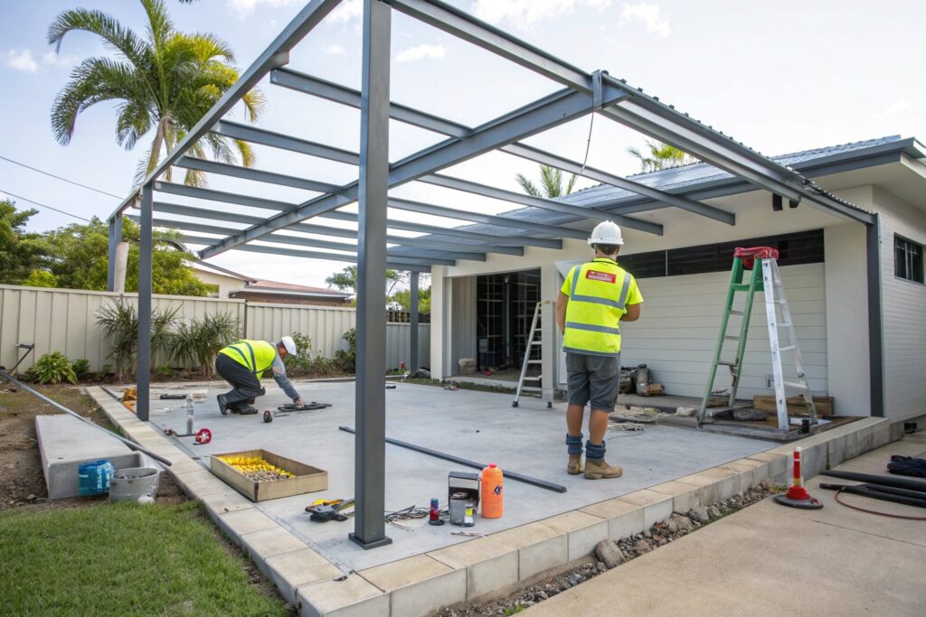Installation crew fitting a steel carport frame at an Aitkenvale residential property
