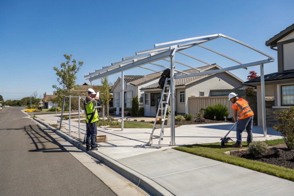 Professional installation team building a custom carport in a Rasmussen neighbourhood