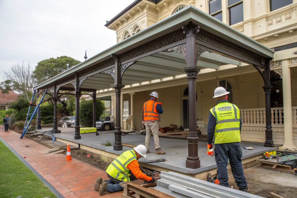 Carport installation crew at work on a heritage home construction site in Gulliver