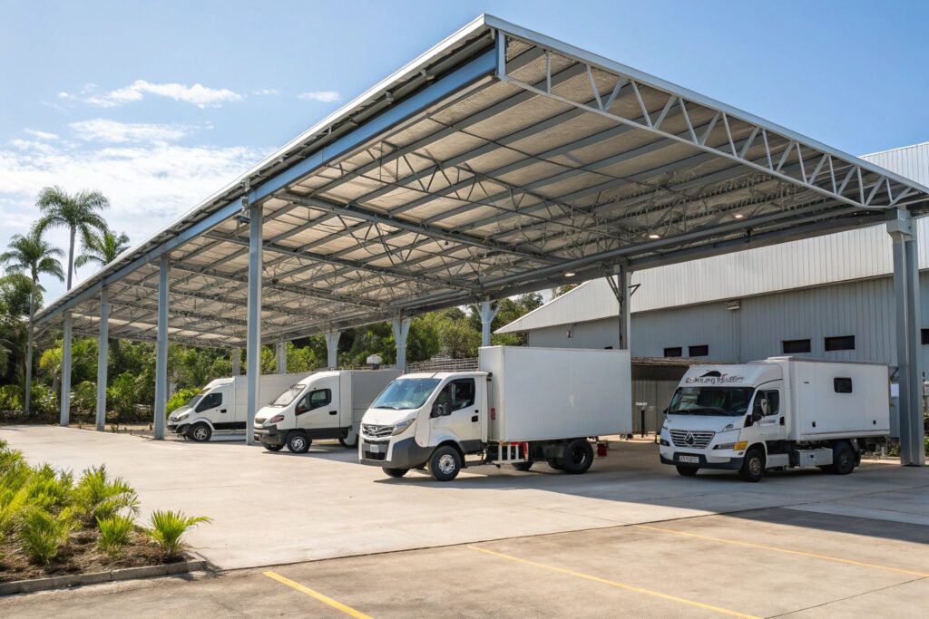 Delivery trucks parked under a heavy-duty commercial carport in Mount Louisa