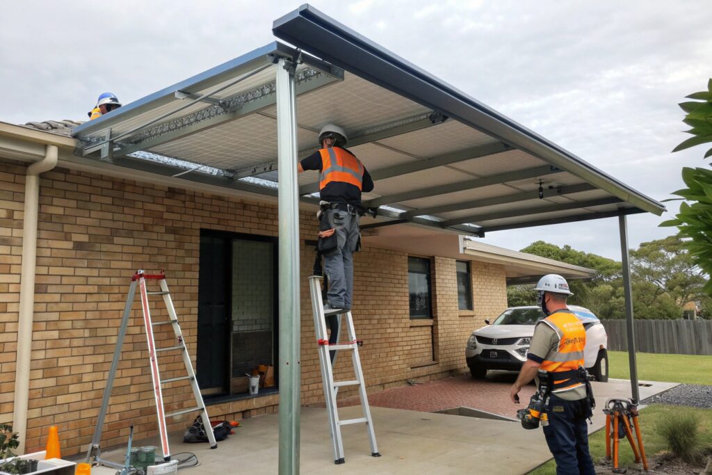 Professional construction team installing a carport for a Wulguru family home