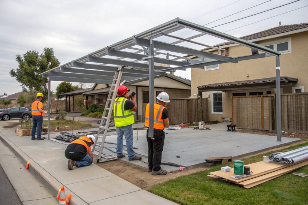 Construction crew installing a carport frame at a council-approved Condon project