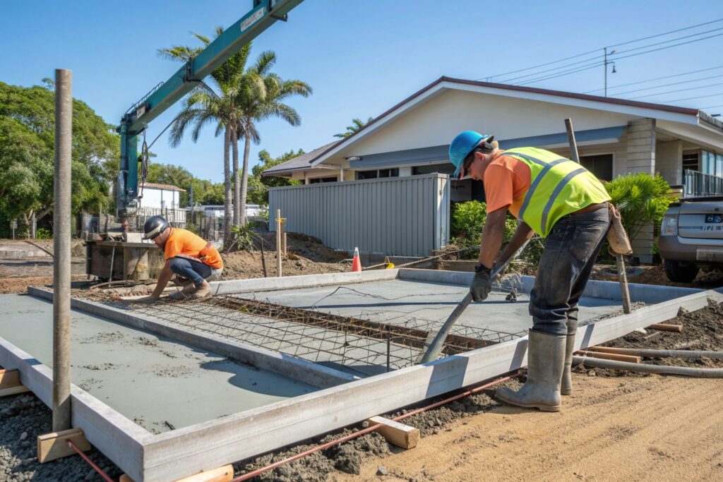 Construction workers installing a carport frame at a Kirwan property