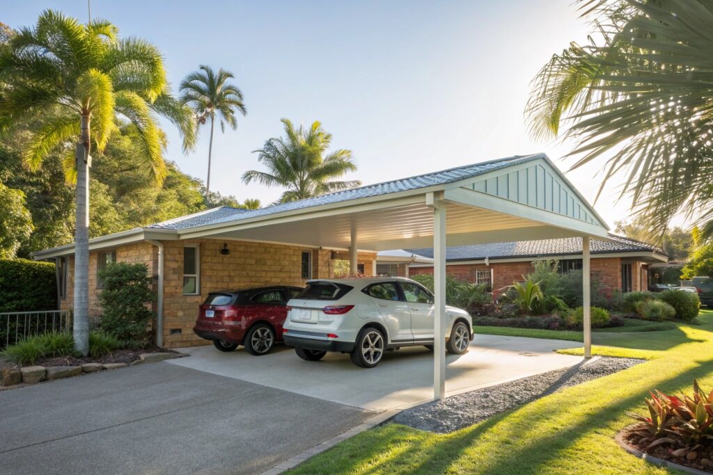 Double carport attached to a modern brick home in Annandale, sheltering two vehicles