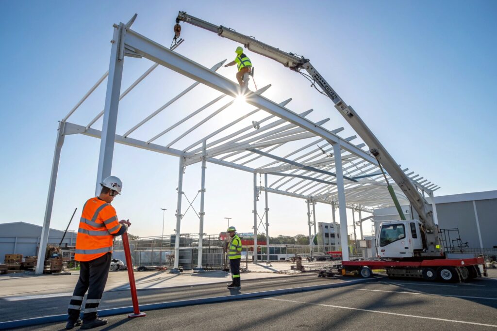 Installation team erecting a large commercial carport frame at a Garbutt site
