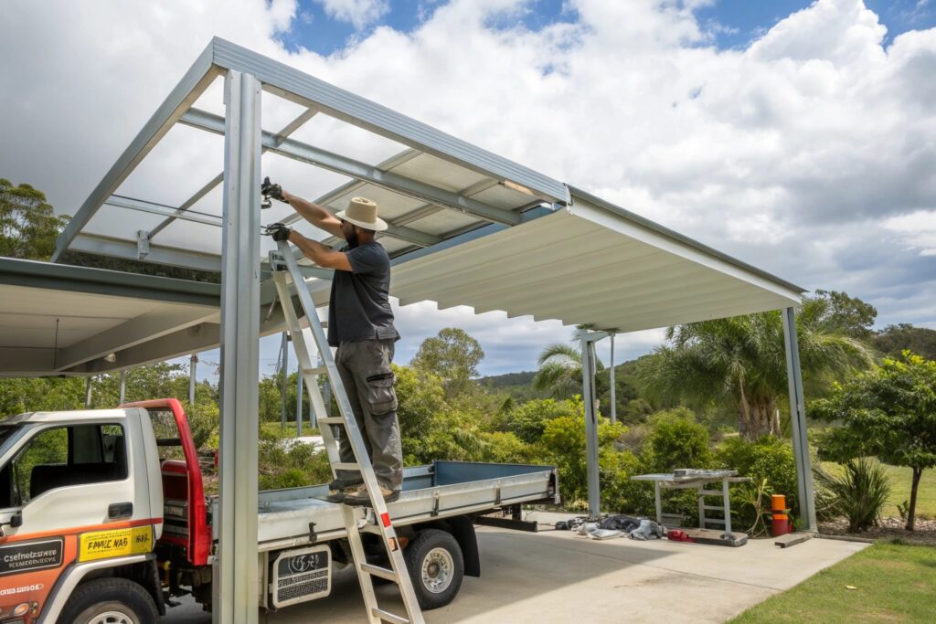 Tradesman installing steel carport framing at an Annandale home