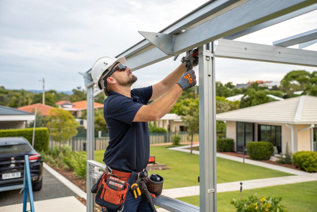 Professional tradesman installing a steel carport frame at a Vincent property