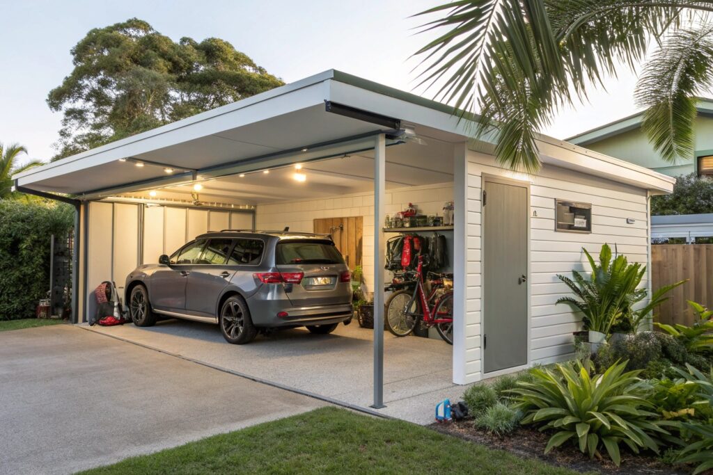 Single carport with an attached enclosed storage bay beside a parked car in Aitkenvale