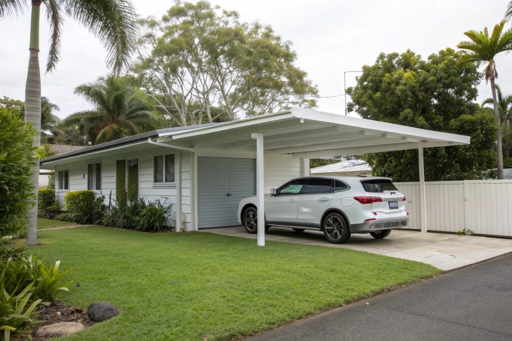 Single white carport attached to a contemporary Vincent home for weather protection
