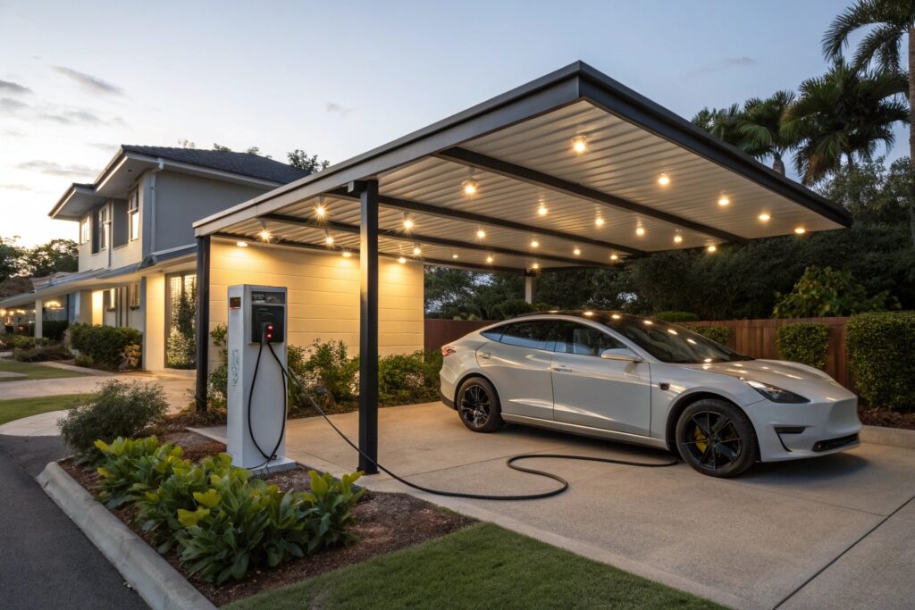Sleek Douglas carport fitted with an EV charging station for a Tesla model