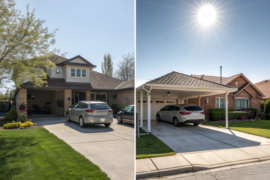 Before-and-after split image of a Condon home's driveway with a new carport added