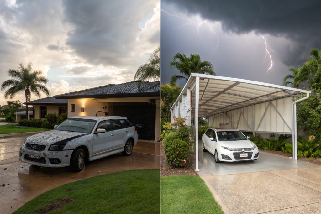 Split-screen comparison of an unprotected car versus one sheltered under an Aitkenvale carport