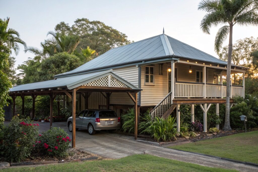 Traditional timber carport attached to a classic Queenslander home in Hyde Park