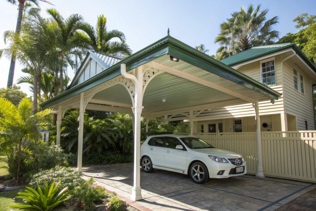 Single carport attached to a classic Queenslander home in South Townsville with tropical landscaping