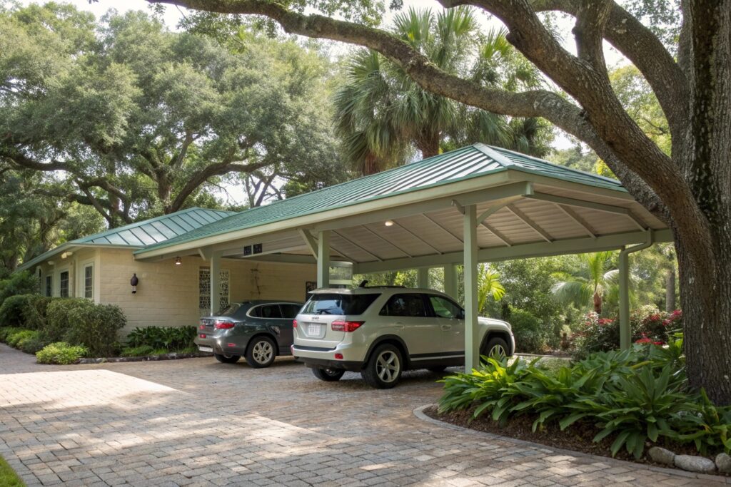 Attractive double carport with sage green roofing at a South Townsville heritage home