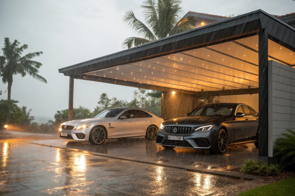 Cyclone-rated carport in Rowes Bay shielding luxury cars from coastal weather