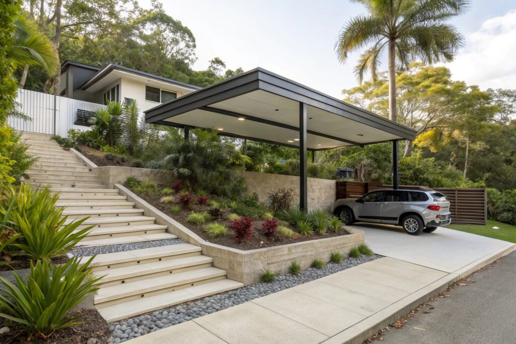 Contemporary stepped carport at a Castle Hill home overlooking the Townsville cityscape