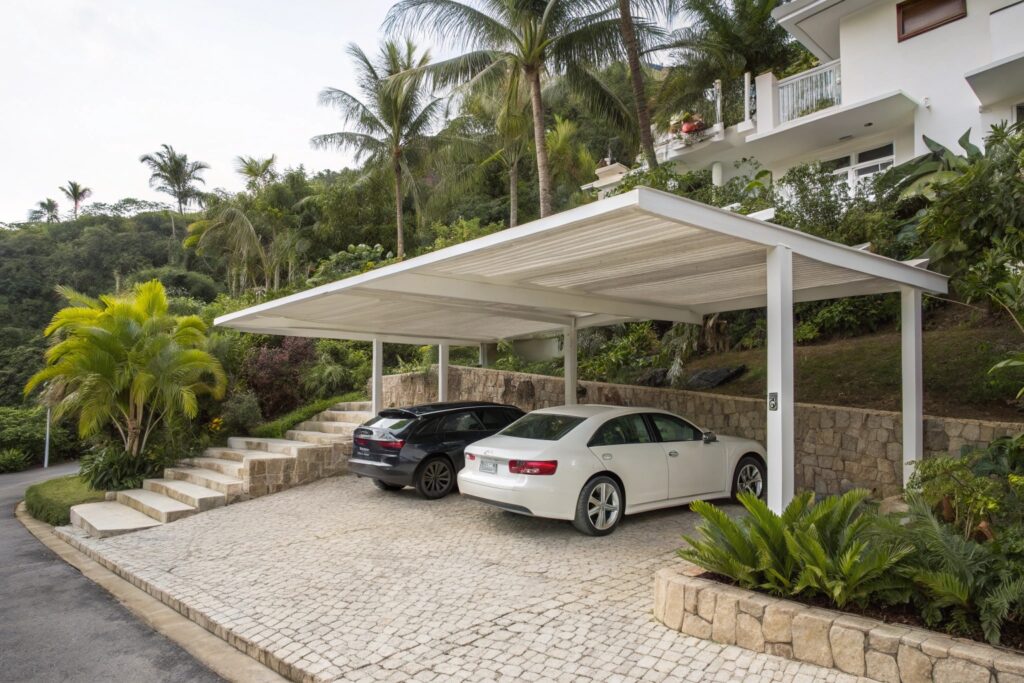 White stepped carport with two cars parked, built for sloped terrain in Hermit Park
